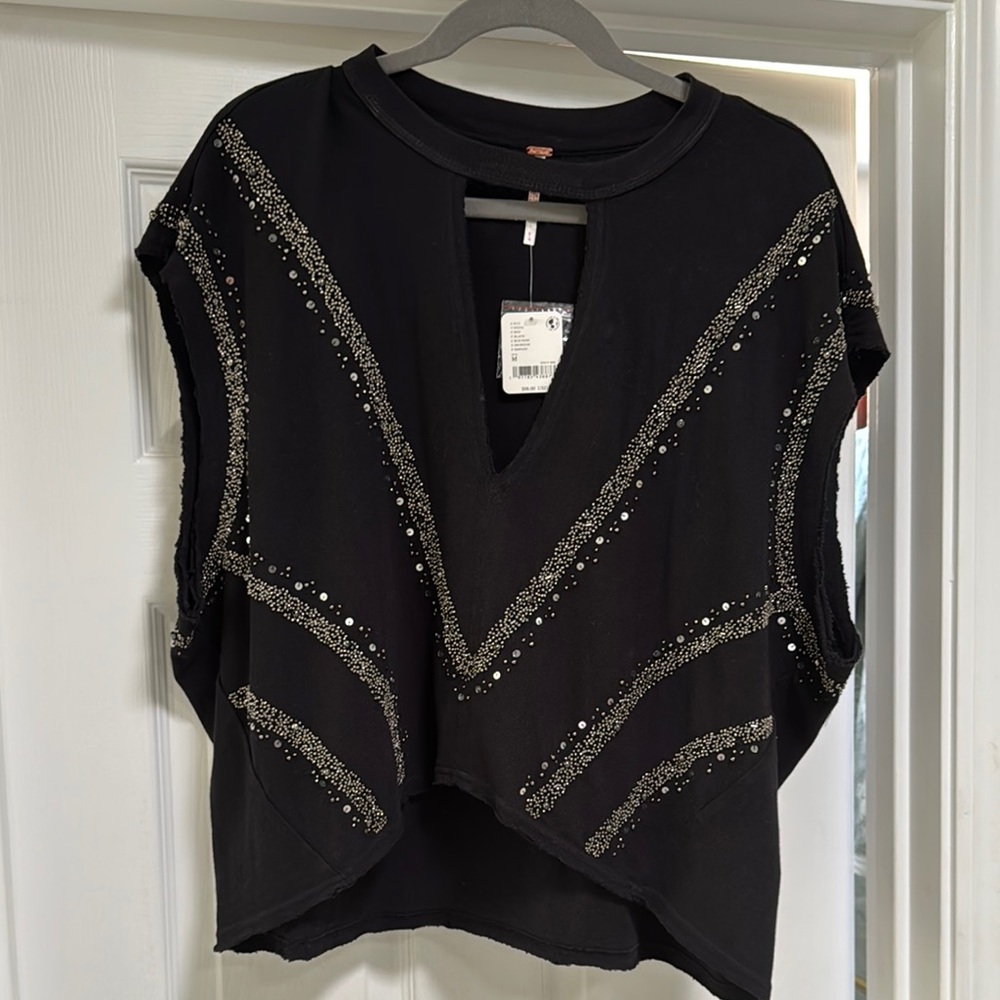 Free People Black Sleeveless bedazzled Blouse